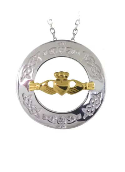 Sterling Silver Claddagh Two Tone Pendant With Gold Plated Heart and Crown Ringed with Celtic Knot Patterns